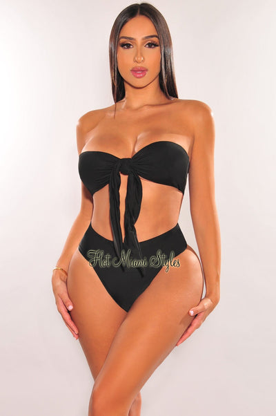 Black Padded Bandeau Tie Up High Rise Bikini Bottom - Hot Miami Styles