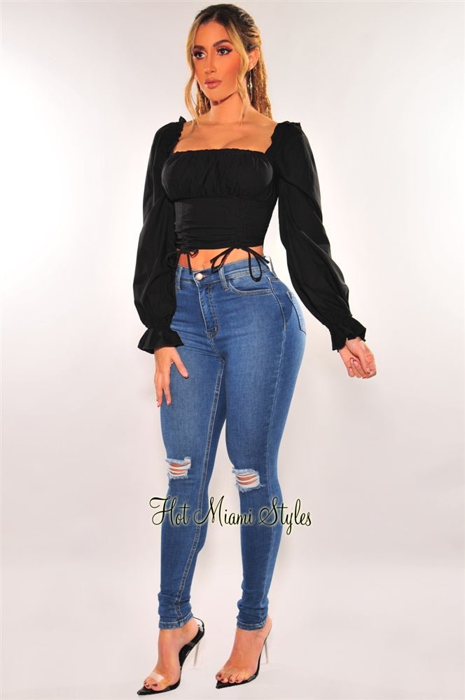 Black Peasant Ruched Drawstring Tie Up Long Sleeve Top - Hot Miami