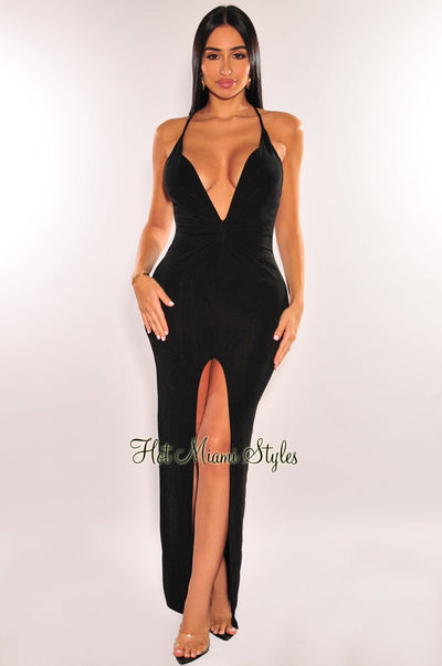 Black Plunge Knotted Criss Cross Back Slit Maxi Dress - Hot Miami Styles