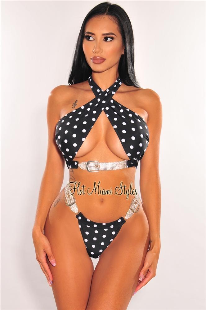 Black Polka Dot Crossover Rhinestone Buckle Bikini Bottom