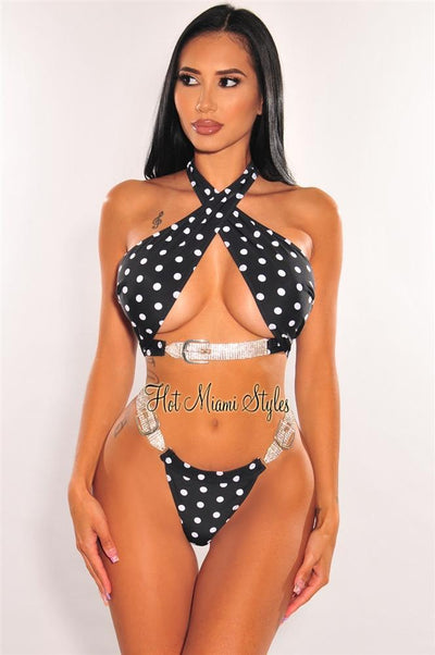 Black Polka Dot Crossover Rhinestone Buckle Bikini Bottom - Hot Miami Styles