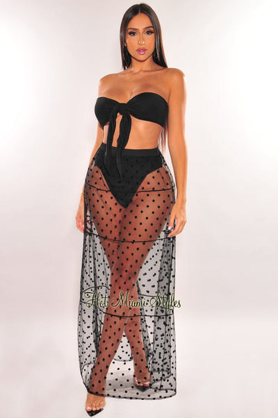 Black Polka Dot Sheer High Waist Maxi Skirt Cover Up - Hot Miami Styles