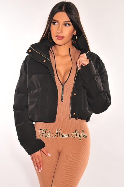 Black Puffer Bomber Zipper Long Sleeve Cropped Jacket - Hot Miami Styles