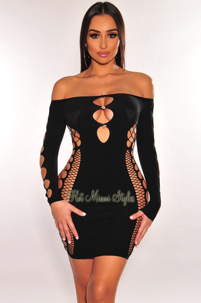Black Rhinestone Off Shoulder Cut Out Seamless Dress - Hot Miami Styles
