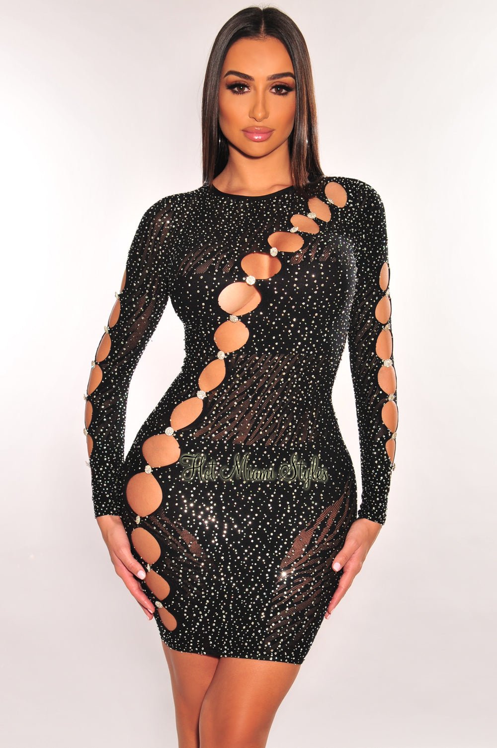 Black Rhinestone Studded Cut Out Long Sleeve Seamless Dress – Hot