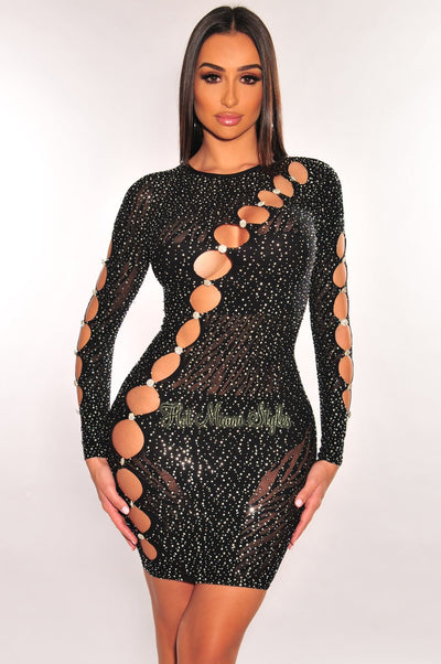 Black Rhinestone Studded Cut Out Long Sleeve Seamless Dress - Hot Miami Styles