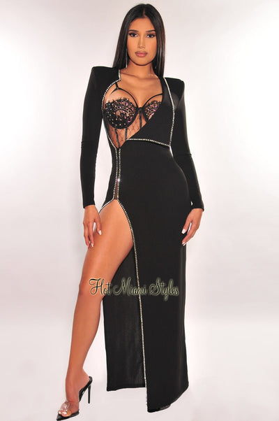 Black Rhinestone Underwire Lace Bodysuit Long Sleeve Cut Out Slit Gown - Hot Miami Styles