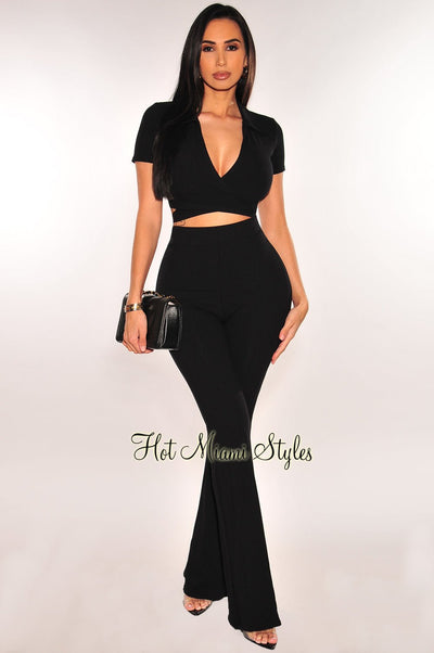Black Ribbed Collared Wrap Crop Top Palazzo Pants Two Piece Set - Hot Miami Styles