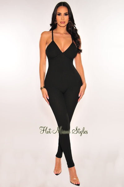 Black Ribbed Faux Bustier CrissCross Back Jumpsuit - Hot Miami Styles