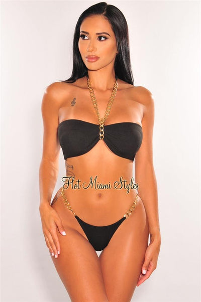 Black Ribbed Gold Chain Padded Thong Bikini Bottom - Hot Miami Styles