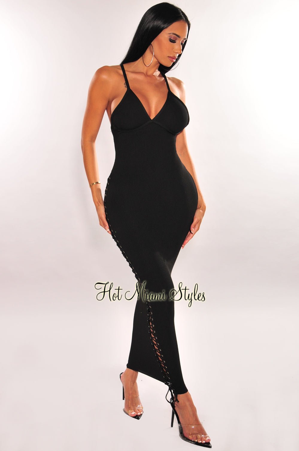 Black Ribbed Knit Criss Cross Back Lace Up Side Maxi Dress - Hot Miami  Styles