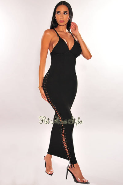 Black Ribbed Knit Criss Cross Back Lace Up Side Maxi Dress - Hot Miami Styles