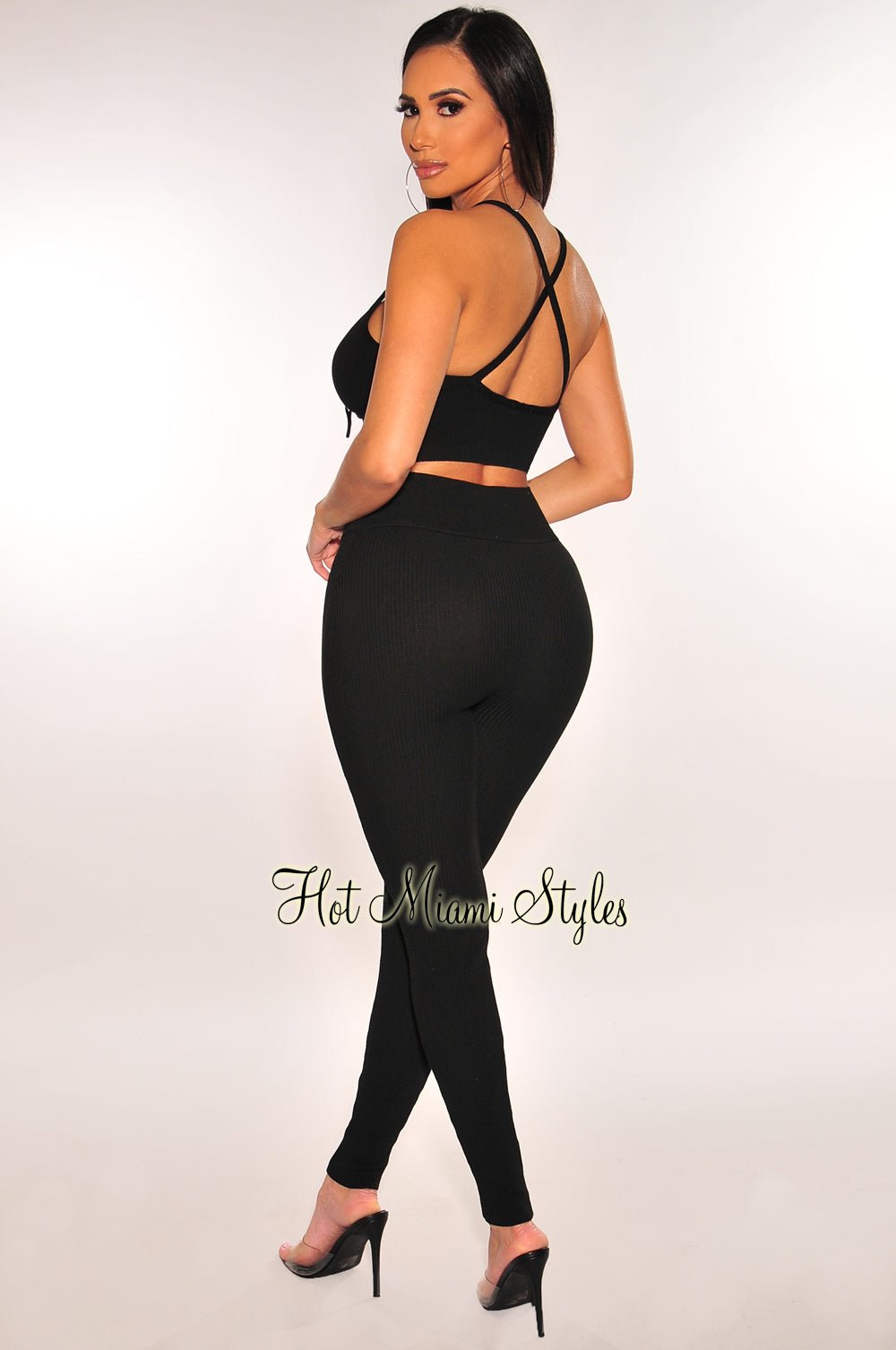 Black Ribbed Knit CrissCross Lace Up Leggings Two Piece Set – Hot Miami  Styles