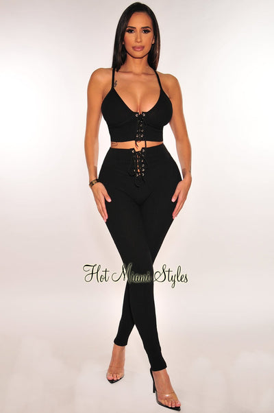 Black Faux Leather Underwire Ruched Mesh Pants Two Piece Set - Hot Miami  Styles