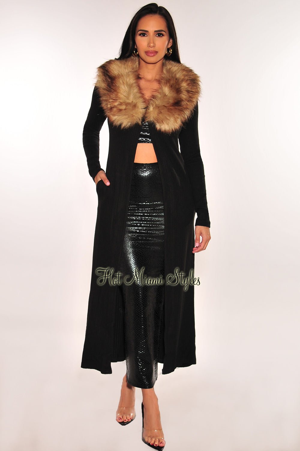 Fur collar duster coat best sale