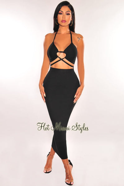 Black Ribbed Knit Halter Keyhole Skirt Two Piece Set - Hot Miami Styles