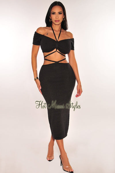 Black Ribbed Knit Halter Off Shoulder Wrap Around Slit Skirt Two Piece Set - Hot Miami Styles