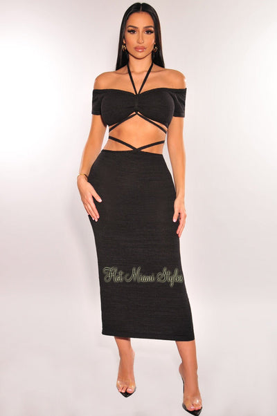 Black Ribbed Knit Halter Off Shoulder Wrap Around Slit Skirt Two Piece Set - Hot Miami Styles