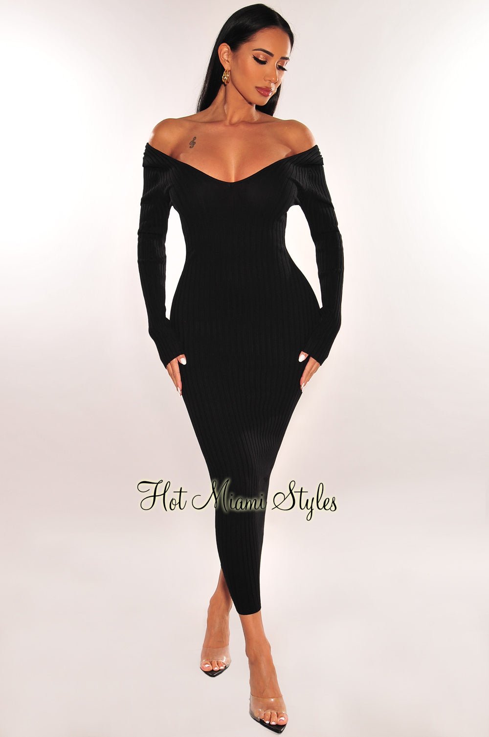 Black Ribbed Knit Long Sleeves Dress - Main Image