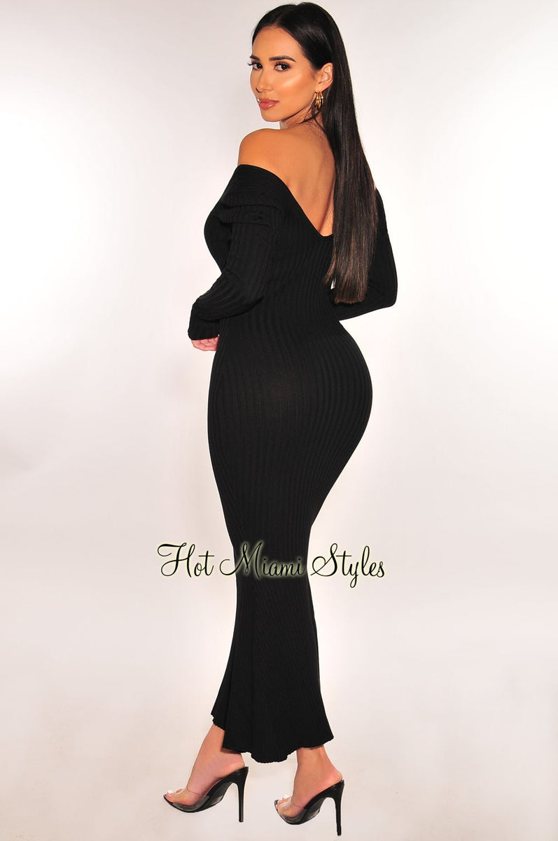 Black Ribbed Knit Long Sleeves Mermaid Dress – Hot Miami Styles