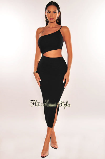 Black Ribbed Knit One Shoulder Cut Out Slit Dress - Hot Miami Styles