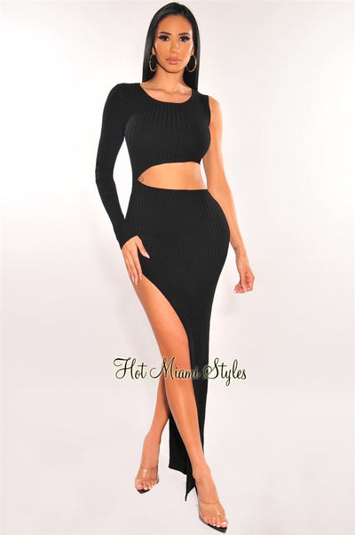 Black Ribbed Knit One Sleeve Cut Out Slit Maxi Dress - Hot Miami Styles