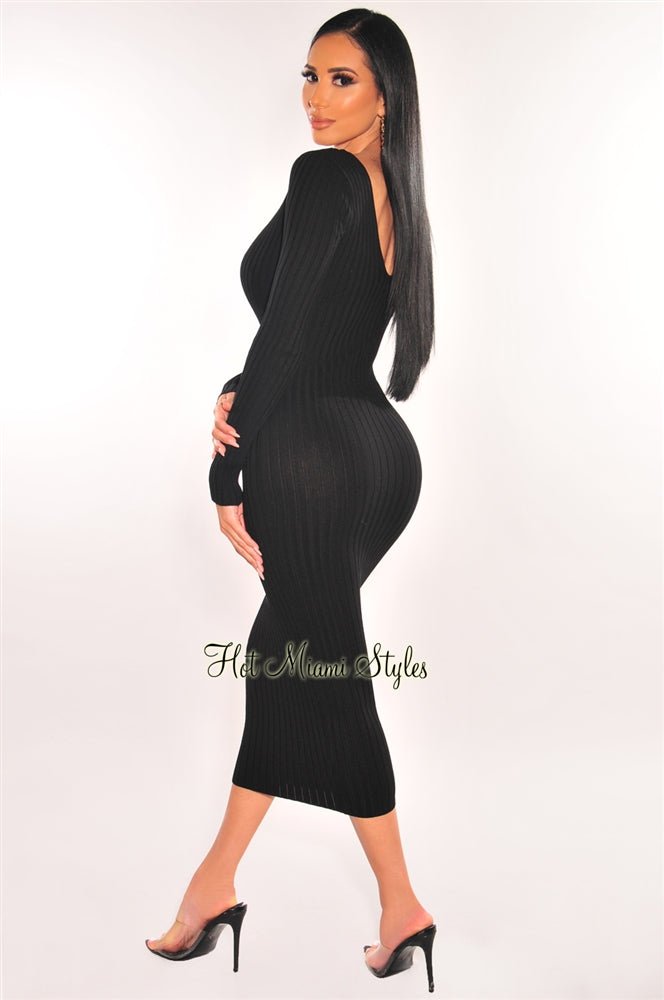 plunge ruched knit midi dress Siena Women's Textured Knit Plunge-Neck Scoop-Back Dress - Black