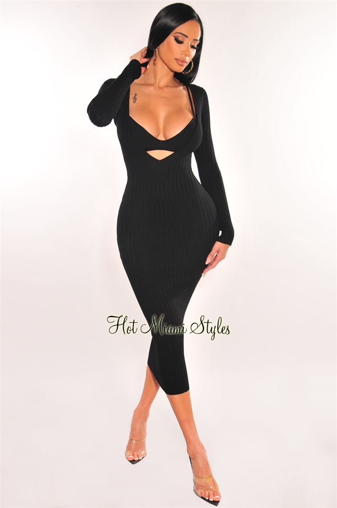 Chocolate Ribbed Knit Plunge Neck Long Sleeve Midi Dress + Bralette