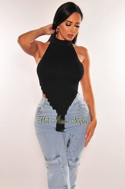 Black Ribbed Knit Turtleneck Sleeveless Asymmetrical Crop Top - Hot Miami Styles