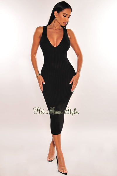 Black Ribbed Knit V Neck Sleeveless Dress - Hot Miami Styles