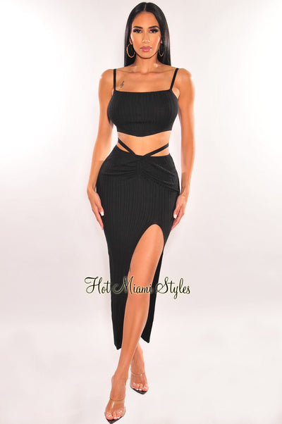 Black Ribbed Knit Wrap Around Slit Skirt Two Piece Set - Hot Miami Styles