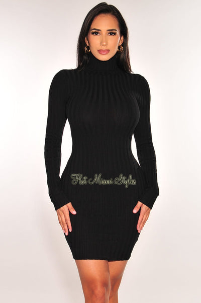 Black Ribbed Long Sleeves Turtleneck Dress - Hot Miami Styles