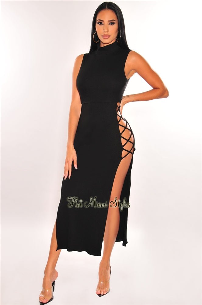 https://hotmiamistyles.com/cdn/shop/products/black-ribbed-mock-neck-lace-up-double-side-slit-dress-hot-miami-styles-440883.jpg?v=1683461443