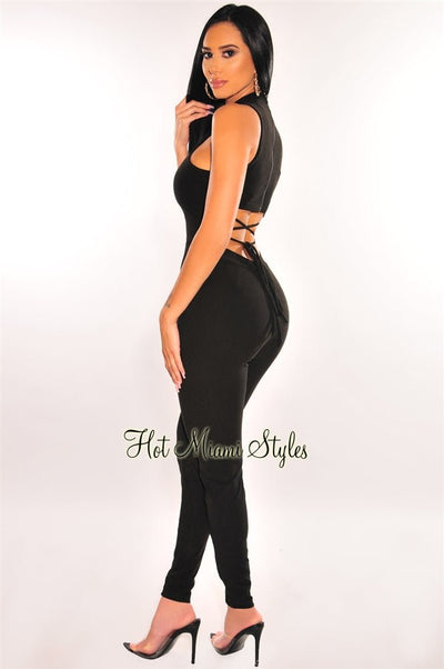Black Ribbed Mock Neck Sleeveless Lace Up Back Jumpsuit - Hot Miami Styles