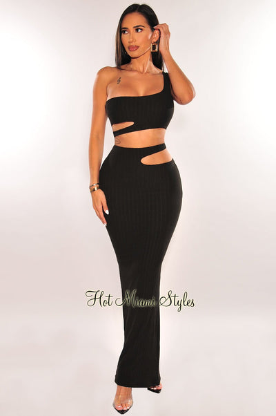 Black Ribbed One Shoulder Cut Out Maxi Skirt Two Piece Set - Hot Miami Styles
