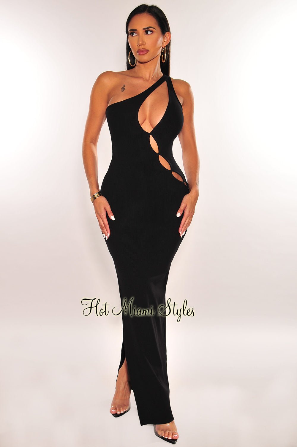 Black Ribbed One Shoulder Cut Out Slit Dress – Hot Miami Styles