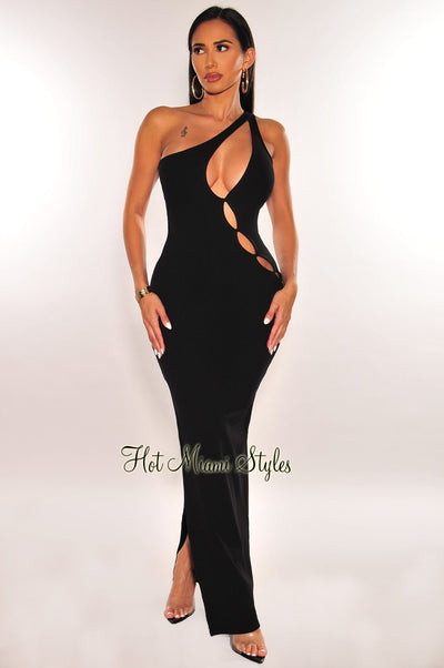 Black Ribbed One Shoulder Cut Out Slit Dress - Hot Miami Styles