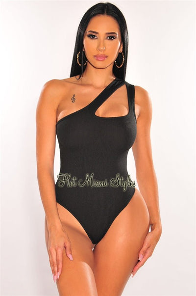 Black Ribbed One Shoulder Sleeveless Keyhole Bodysuit - Hot Miami Styles