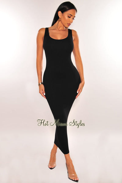 Black Ribbed Seamless Sleeveless Midi Dress - Hot Miami Styles