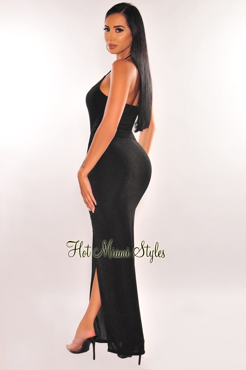 Black Ribbed Shimmery Halter Drawstring Slit Maxi Dress - Hot Miami Styles Small Black Ribbed Shimmery Halter Drawstring Slit Maxi Dress - Hot Miami Styles Small