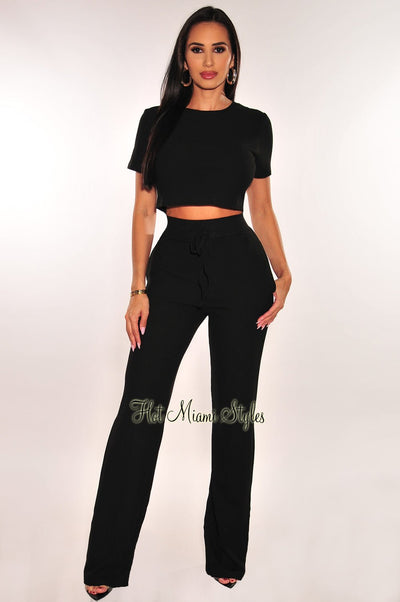 Black Ribbed Short Sleeve Wide Leg Pants Two Piece Set - Hot Miami Styles