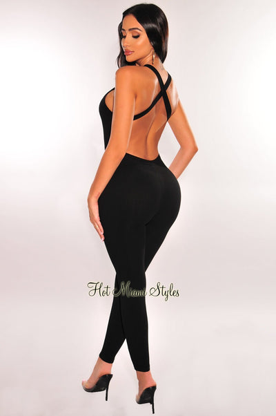 Black Ribbed Sleeveless Criss Cross Back Jumpsuit - Hot Miami Styles