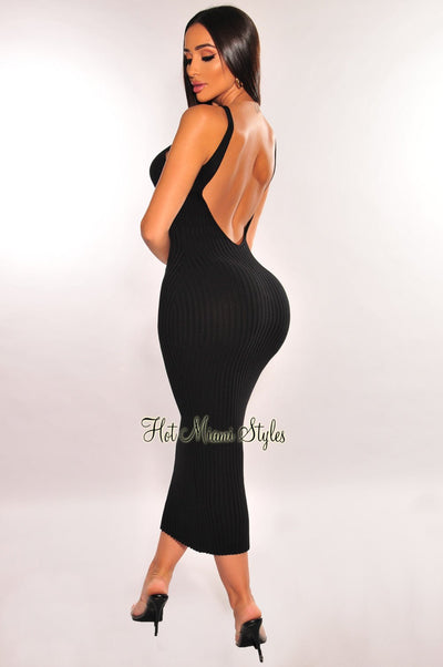 Black Ribbed Sleeveless Scoop Back Midi Dress - Hot Miami Styles