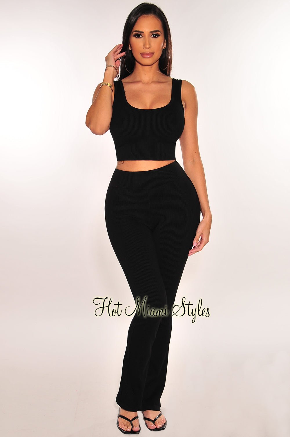 Black Ribbed Sleeveless Tank Flare Pants Two Piece Set – Hot Miami Styles