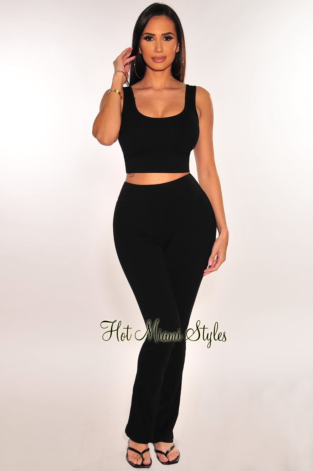 Black Ribbed Sleeveless Tank Flare Pants Two Piece Set Large Black Ribbed Sleeveless Tank Flare Pants Two Piece Set Large