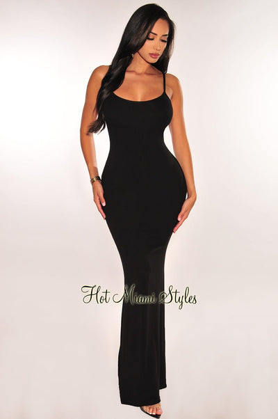 Black Ribbed Spaghetti Strap Mermaid Dress - Hot Miami Styles