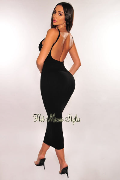 Black Ribbed Spaghetti Strap Sleeveless Open Back Midi Dress - Hot Miami Styles