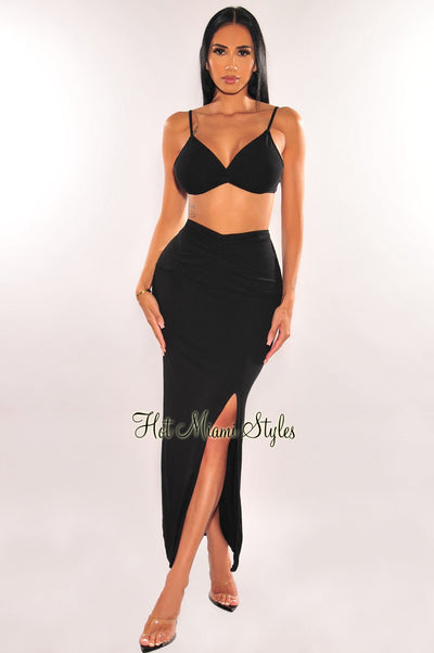 Black Ribbed Spaghetti Straps Knotted Slit Skirt Two Piece Set - Hot Miami Styles