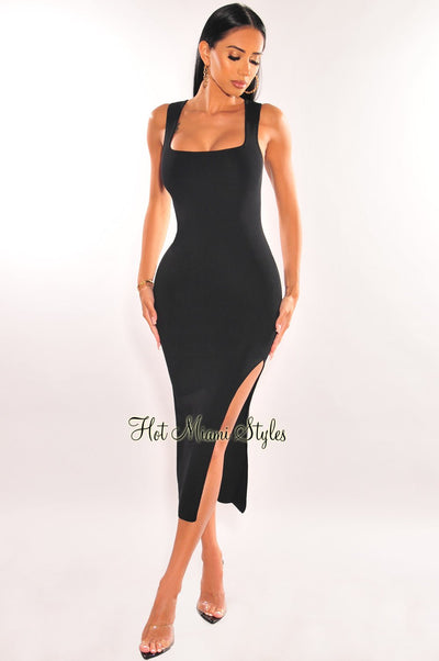 Black Ribbed Square Neck Sleeveless Slit Dress - Hot Miami Styles