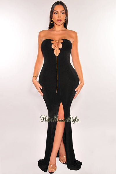 Black Ribbed Strapless Gold Chain Lace Up Slit Gown - Hot Miami Styles